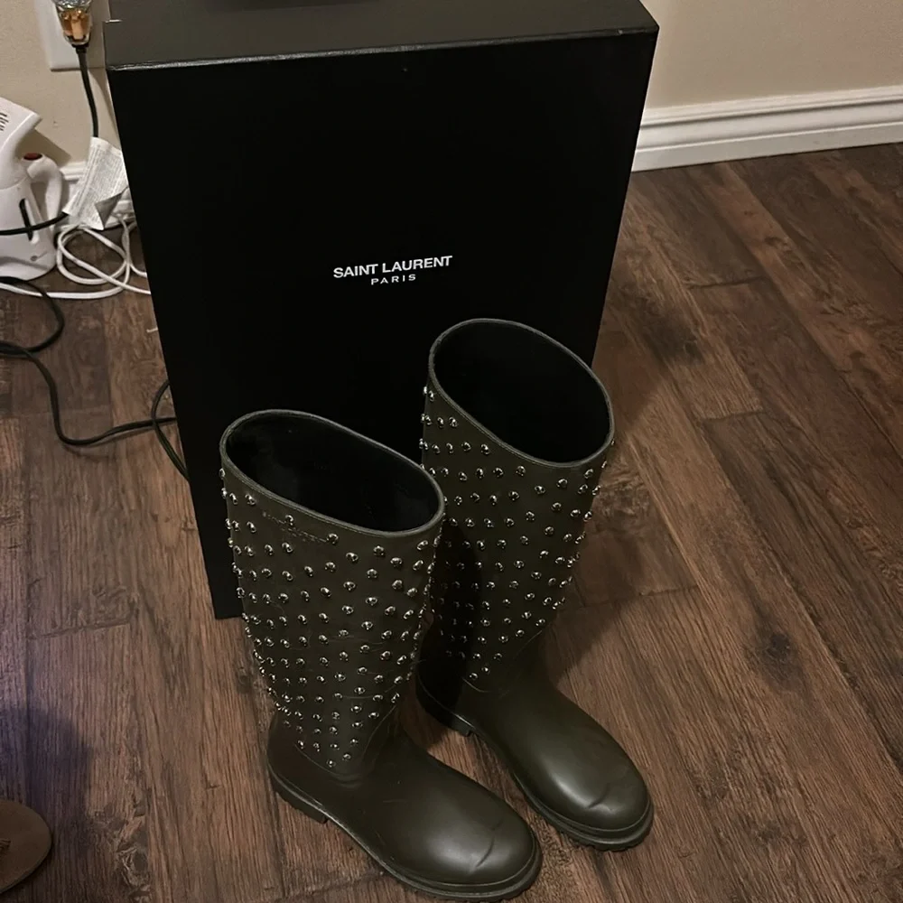 Yves Saint Laurent Olive Green Studded Knee-High Rain Boots